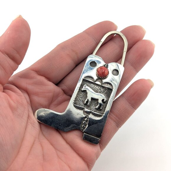 SouthwestArtisans Accessories - Native American Western Cowboy Boot with Coral Stone Key Fob Handmade Accessory*